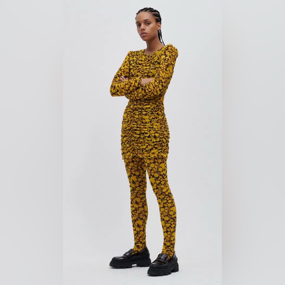 Ganni Black and Yellow Bodycon Floral Long Sleeve Dress